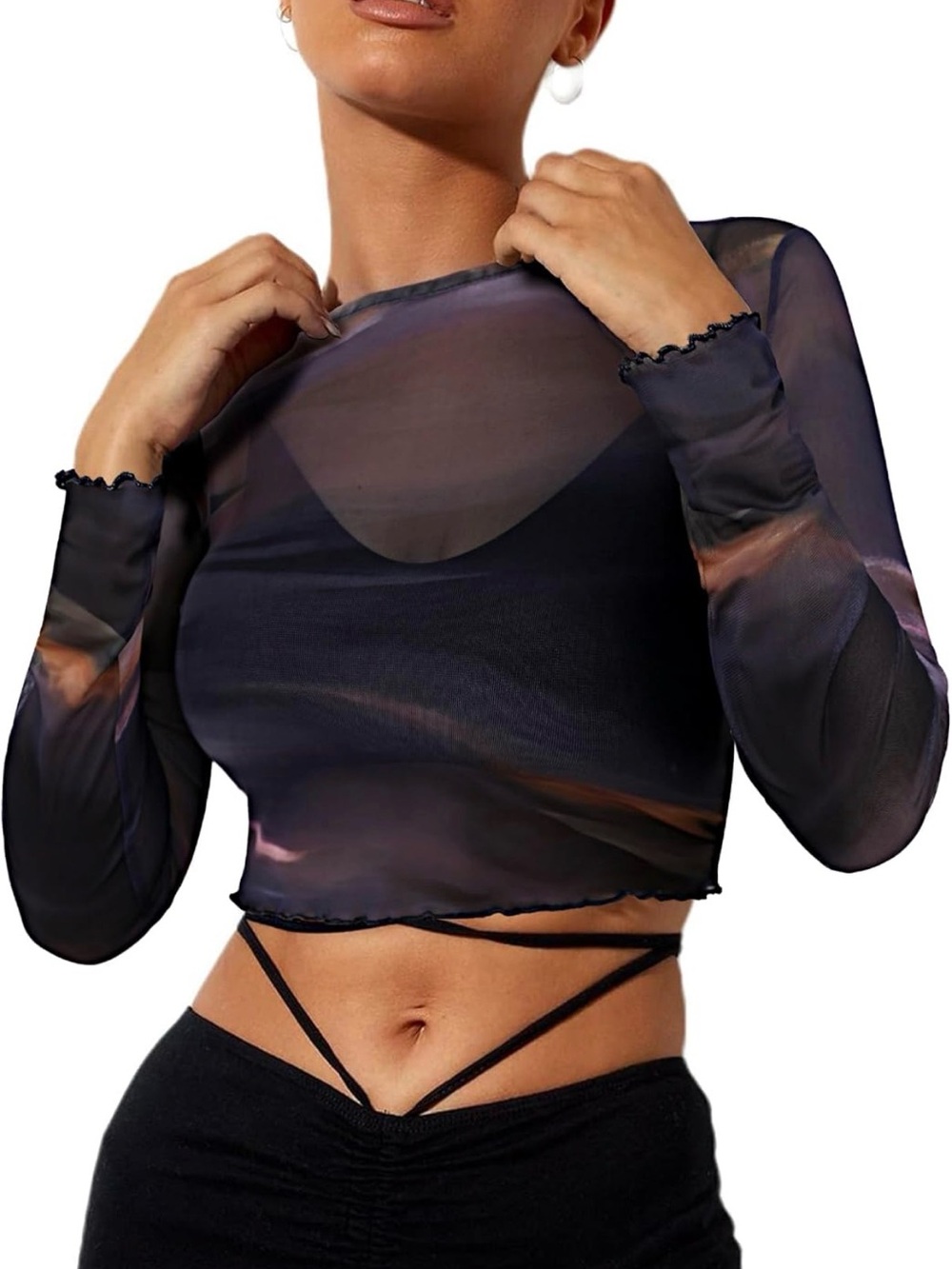 Sheer Long Sleeve Crop Top in Black - Women's Top